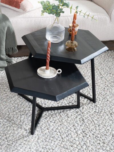Salontafel Kiara - Set van 2 - Achthoekige tafeltjes - Zwart Mangohout - Afbeelding 2