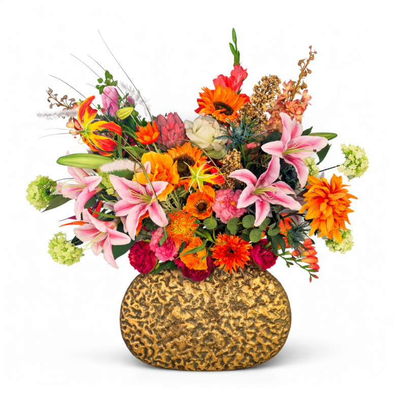 Zijden bloemenboeket in gouden vaas – Warm Classic 95cm