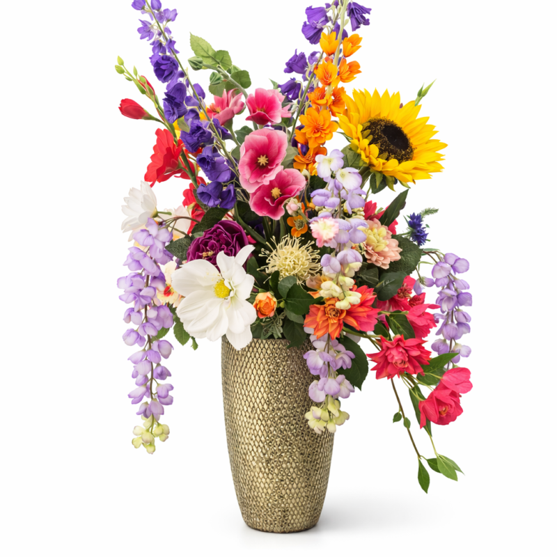 Zijden bloemenboeket in hoge gouden vaas – Elegant Color 95cm