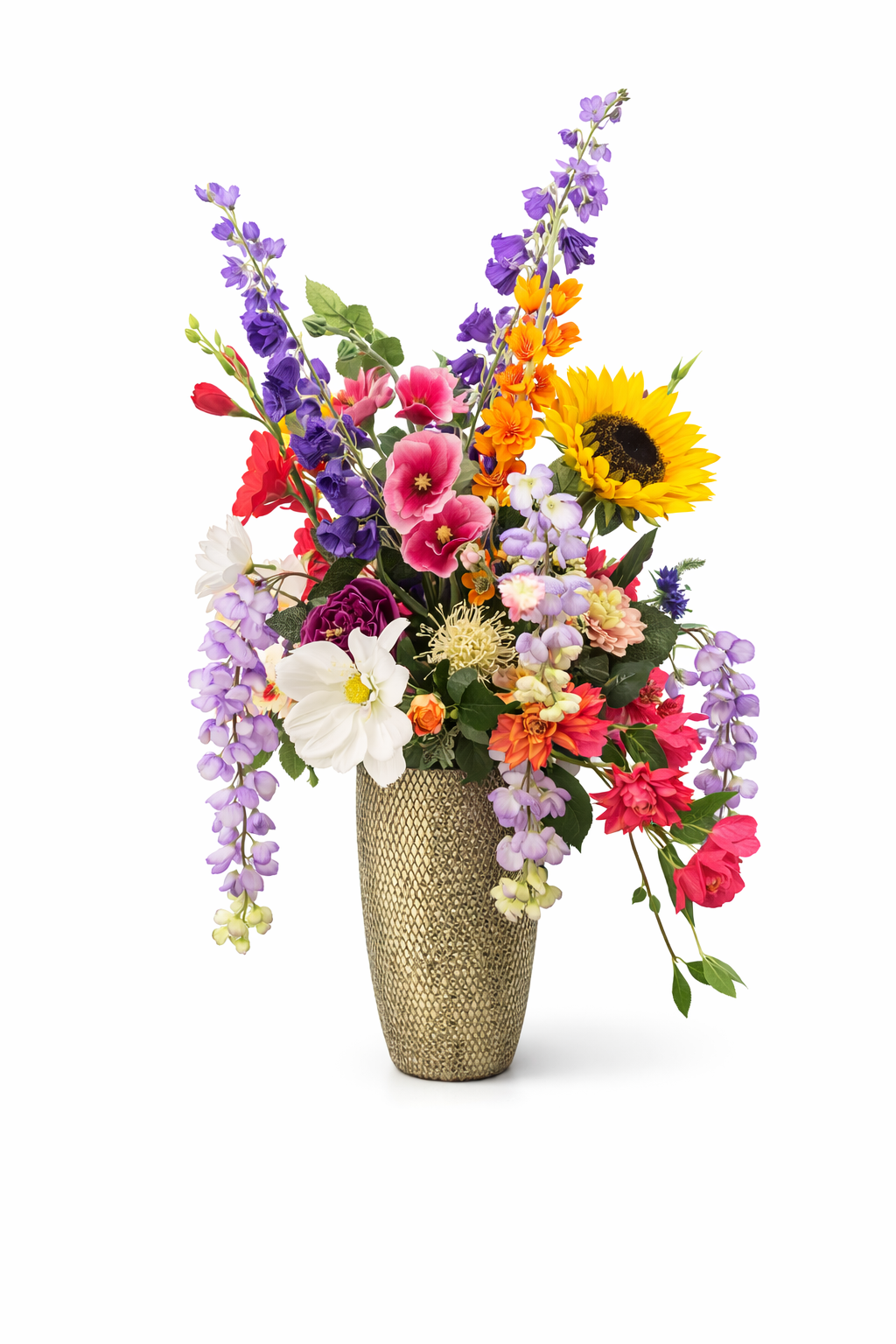 Zijden bloemenboeket in hoge gouden vaas – Elegant Color 95cm 1 Zijden bloemenboeket in hoge gouden vaas – Elegant Color 95cm