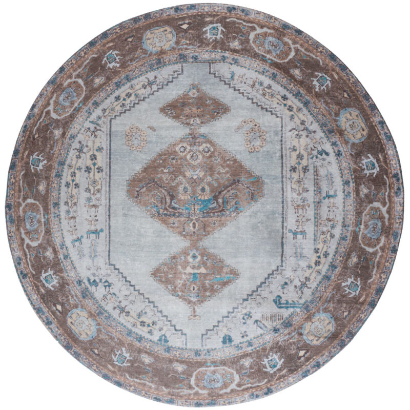 Vloerkleed Karaca Blue/Brown 06 Rond ø120 cm | BlokWoonWereld
