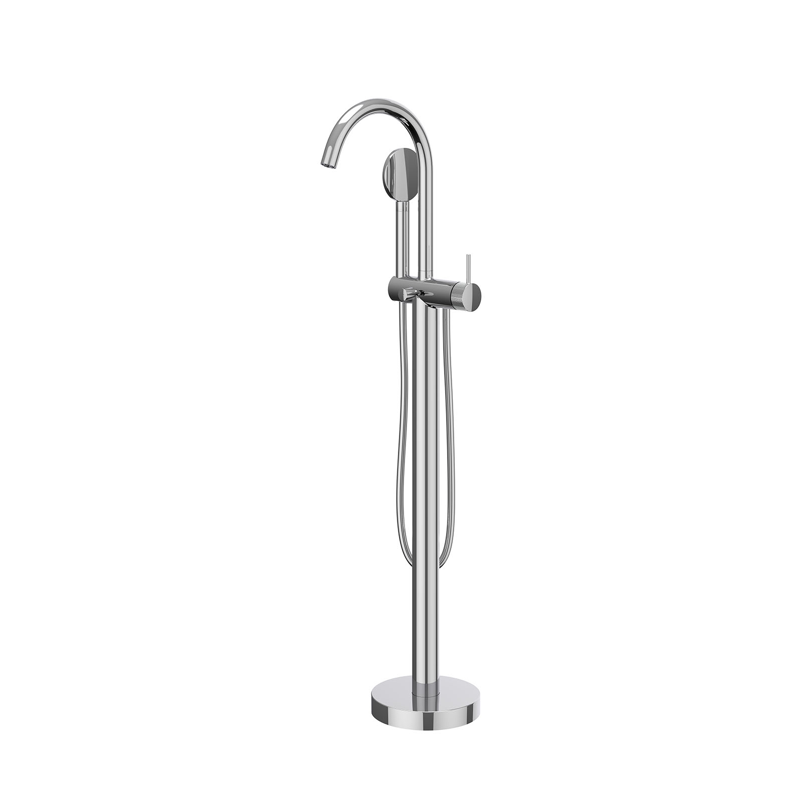 Badmengkraan vrijstaand met draaibare uitloop, slang 150cm en satin spray handdouche 1 Badmengkraan vrijstaand met draaibare uitloop, slang 150cm en satin spray handdouche BlokWoonWereld Badkraan vrijstaand