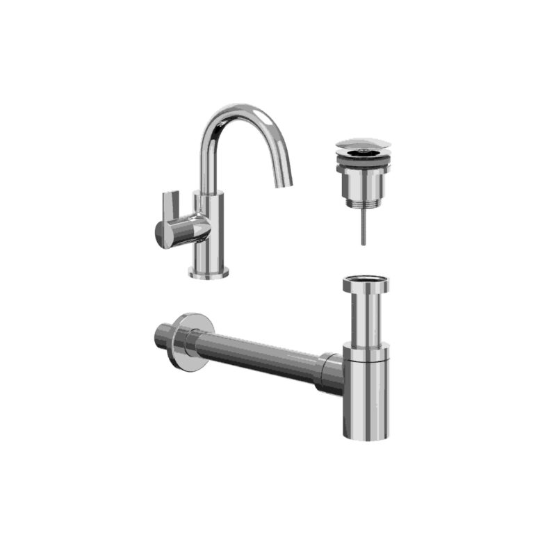 Combiset: fonteinkraan met draaibare uitloop, designplug always open & design sifon BlokWoonWereld Fonteinkraan set