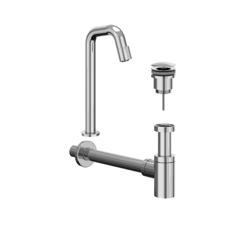 Combiset: fonteinkraan contour staand model L, designplug always open & design sifon BlokWoonWereld Fonteinkraan set