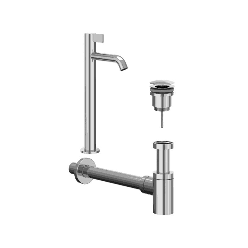 Winkelwagen 9 Combiset: fonteinkraan staand model L, designplug always open & design sifon BlokWoonWereld Fonteinkraan set