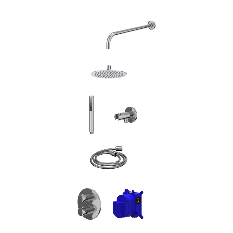 Regendoucheset inbouwthermostaatkraan met 2-weg stop-omstel, wandarm, R20cmSL, houder met uitlaat, doucheslang 150cm en staaf