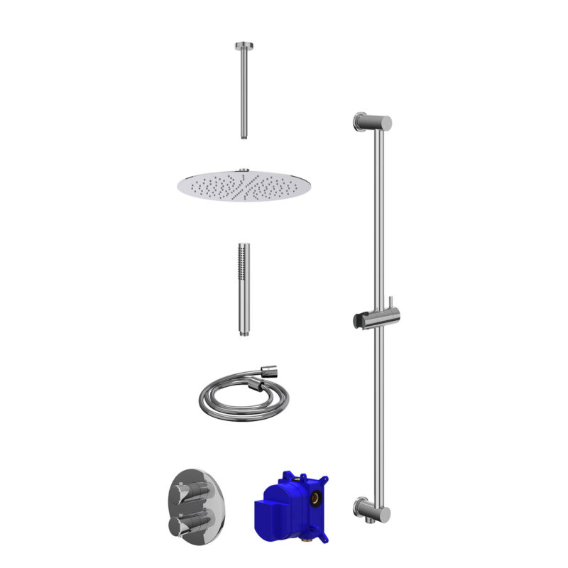 Winkelwagen 6 Regendoucheset inbouwthermostaatkraan met 2-weg stop-omstel, plafondbuis 30cm, R30cmSL, glijstang met uitlaat, doucheslang 150cm en staafmodel