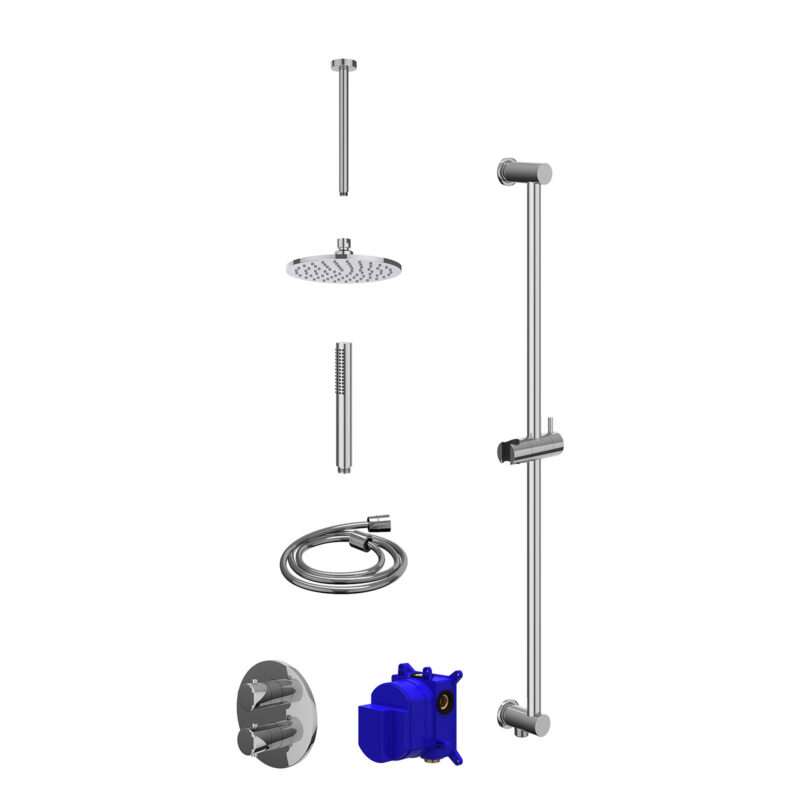 Winkelwagen 19 Regendoucheset inbouwthermostaatkraan met 2-weg stop-omstel, plafondbuis 30cm, R20cmME, glijstang met uitlaat, doucheslang 150cm en staafmodel