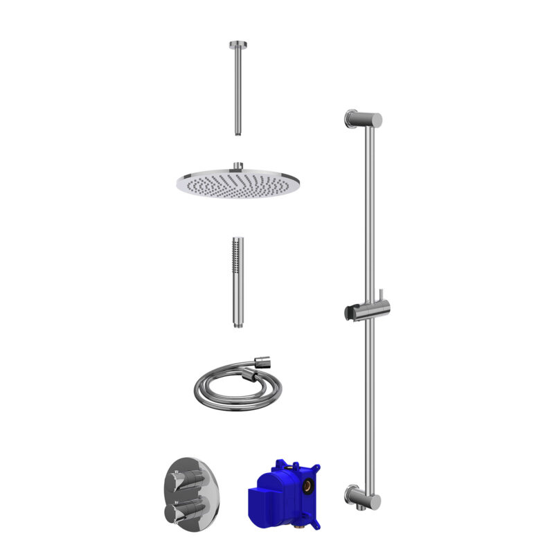 Winkelwagen 10 Regendoucheset inbouwthermostaatkraan met 2-weg stop-omstel, plafondbuis 30cm, R30cmME, glijstang met uitlaat, doucheslang 150cm en staafmodel