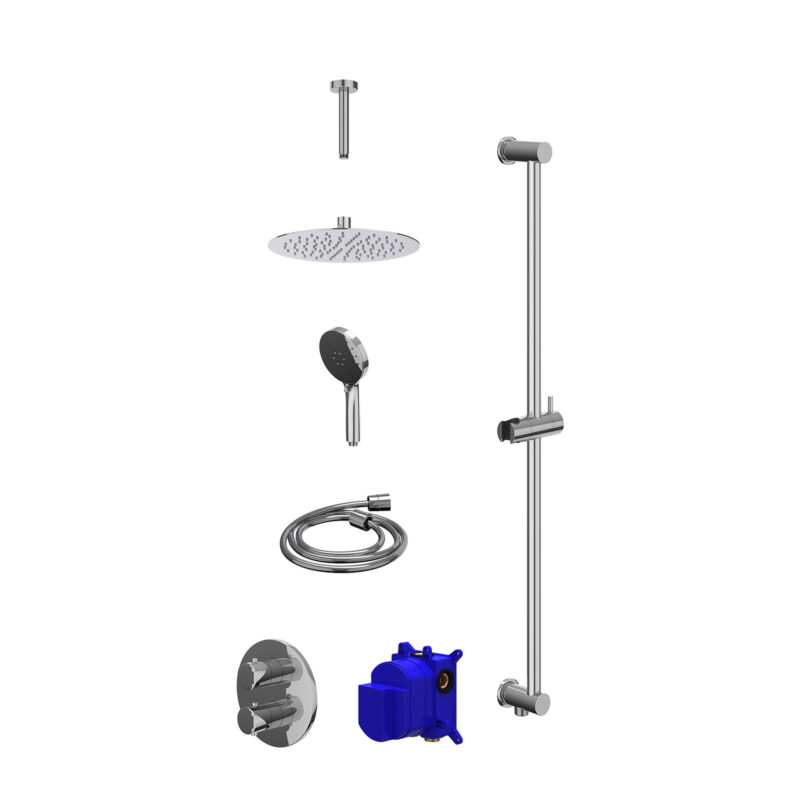 Winkelwagen 22 Regendoucheset inbouwthermostaatkraan met 2-weg stop-omstel, plafondbuis 15cm, R25cmSL, glijstang met uitlaat, doucheslang 150cm en 3-standen handdouche
