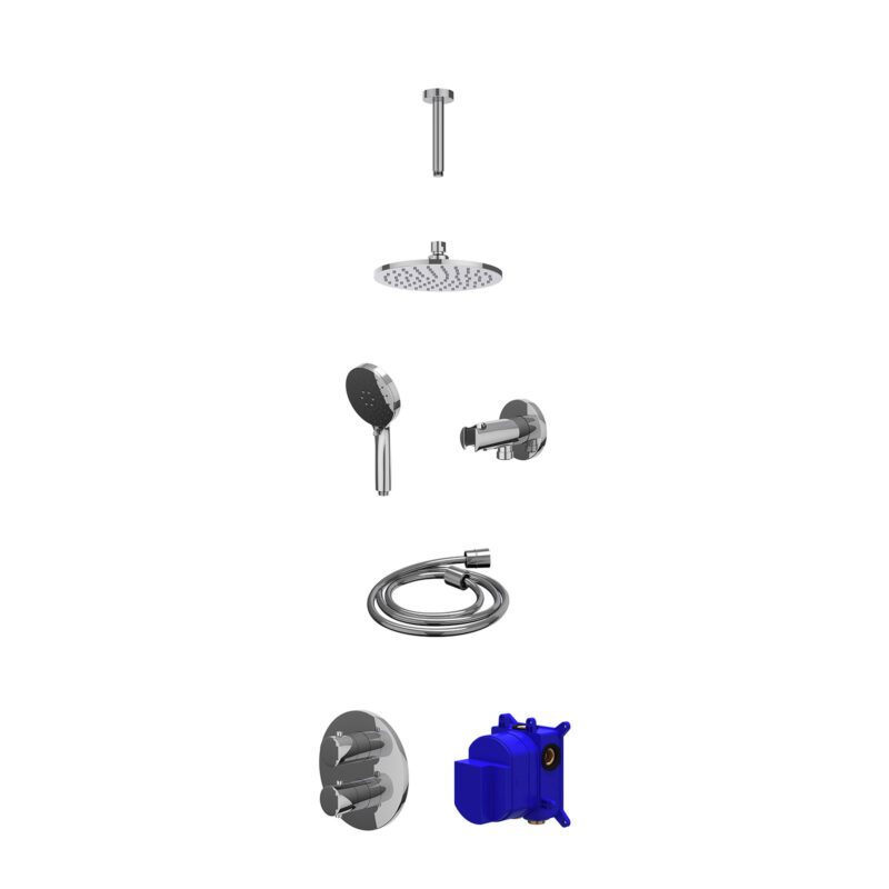 Winkelwagen 17 Regendoucheset inbouwthermostaatkraan met 2-weg stop-omstel, plafondbuis 15cm, R20cmME, houder met uitlaat, doucheslang 150cm en 3-standen handdouche