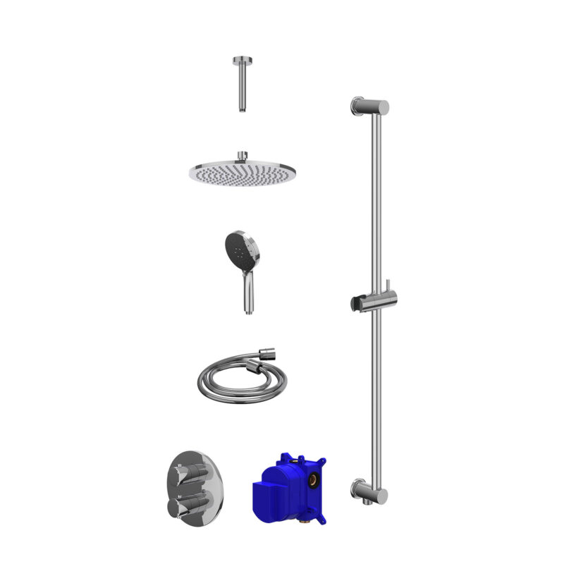 Winkelwagen 3 Regendoucheset inbouwthermostaatkraan met 2-weg stop-omstel, plafondbuis 15cm, R25cmME, glijstang met uitlaat, doucheslang 150cm en 3-standen handdouche