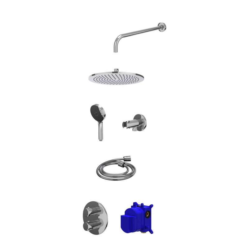 Winkelwagen 23 Regendoucheset inbouwthermostaatkraan met 2-weg stop-omstel, wandarm, R30cmME, houder met uitlaat, doucheslang 150cm en 3-sta