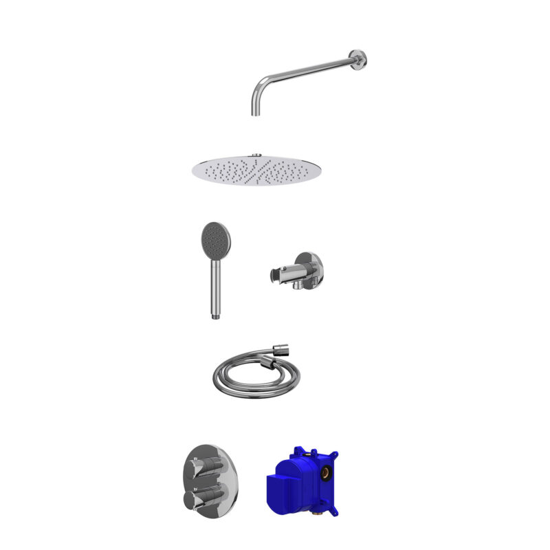 Regendoucheset inbouwthermostaatkraan met 2-weg stop-omstel, wandarm, R30cmSL, houder met uitlaat, doucheslang 150cm en satin spray handdouche