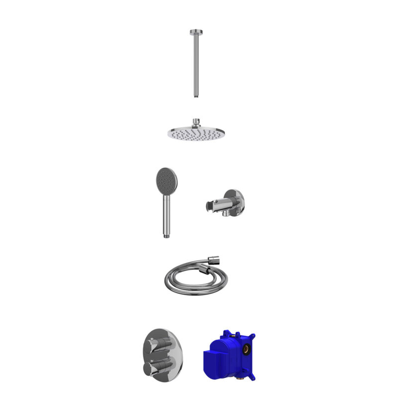 Regendoucheset inbouwthermostaatkraan met 2-weg stop-omstel, plafondbuis 30cm, R20cmME, houder met uitlaat, doucheslang 150cm en satin spray handdouche