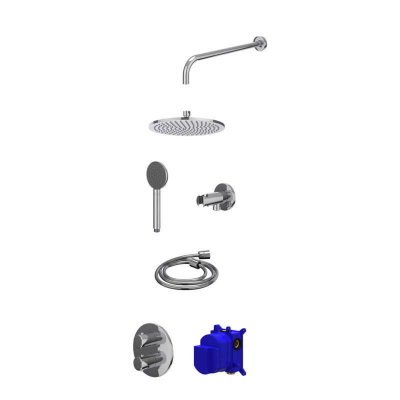 Regendoucheset inbouwthermostaatkraan met 2-weg stop-omstel, wandarm, R25cmME, houder met uitlaat, doucheslang 150cm en satin spray handdouche