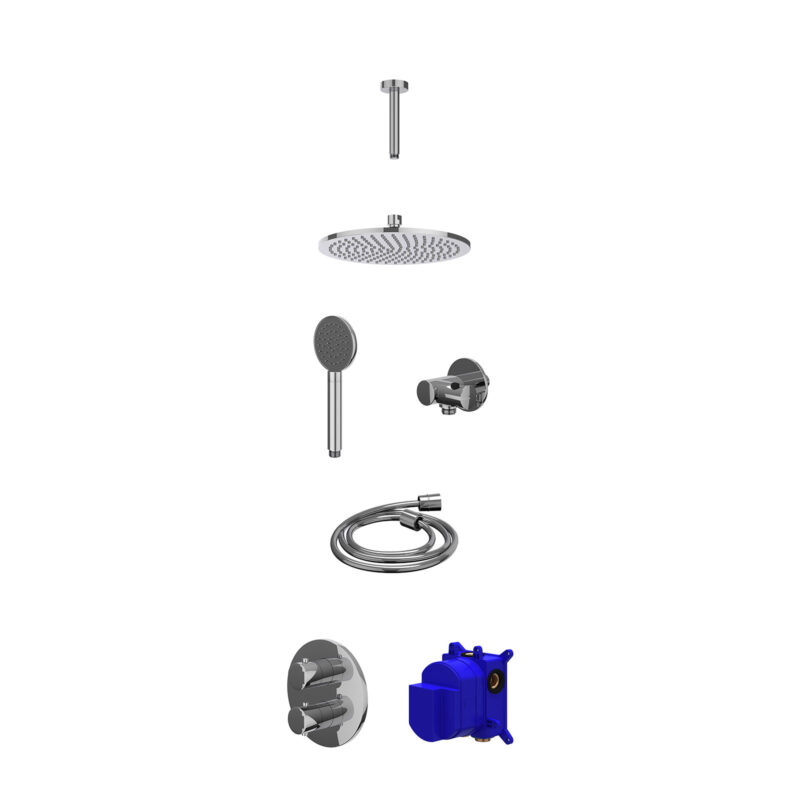 Winkelwagen 48 Regendoucheset inbouwthermostaatkraan met 2-weg stop-omstel, plafondbuis 15cm, R25cmME, verstelbare steun met geïnt. uitlaat, doucheslang 150cm en satin spray handdouche