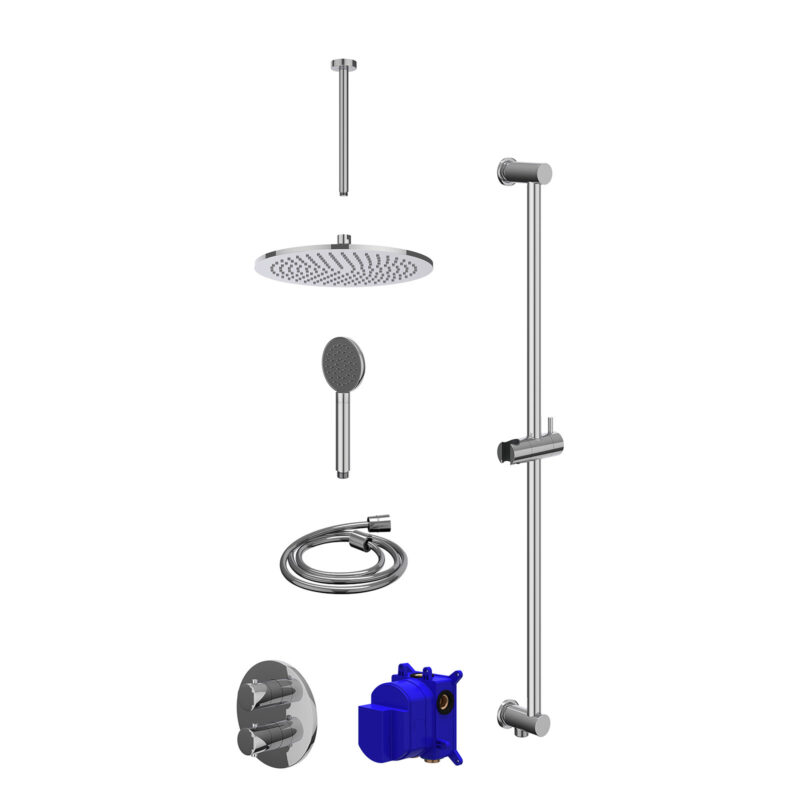 Winkelwagen 20 Regendoucheset inbouwthermostaatkraan met 2-weg stop-omstel, plafondbuis 30cm, R30cmME, glijstang met uitlaat, doucheslang 150cm en satin spray handdouche