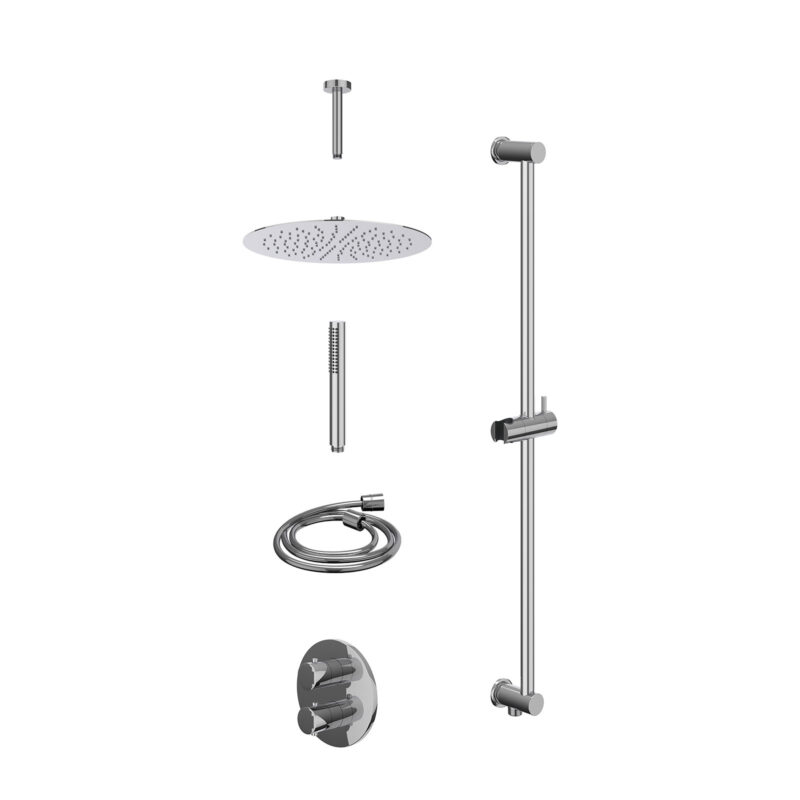 Excl. inbouwbox regendoucheset inbouwthermostaatkraan met 2-weg stop-omstel, plafondbuis 15cm, R30cmSL, glijstang met uitlaat, doucheslang 150cm en staafmodel
