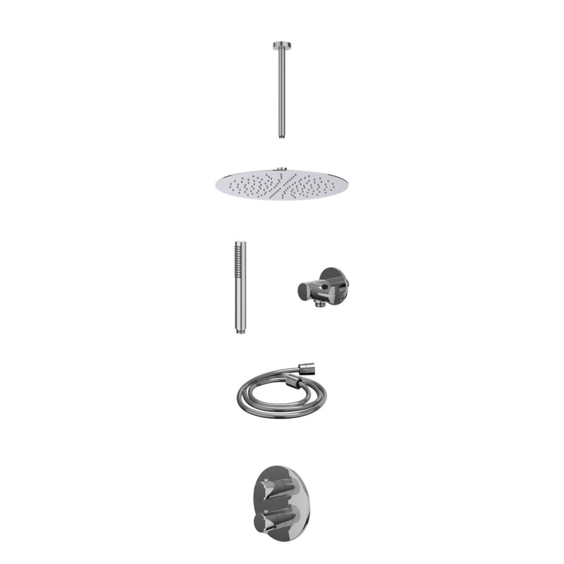 Excl. inbouwbox regendoucheset inbouwthermostaatkraan met 2-weg stop-omstel, plafondbuis 30cm, R30cmSL, verstelbare steun met geïnt. uitlaat, doucheslang 150cm en staafmodel