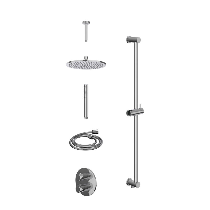 Excl. inbouwbox regendoucheset inbouwthermostaatkraan met 2-weg stop-omstel, plafondbuis 15cm, R25cmME, glijstang met uitlaat, doucheslang 150cm en staafmodel
