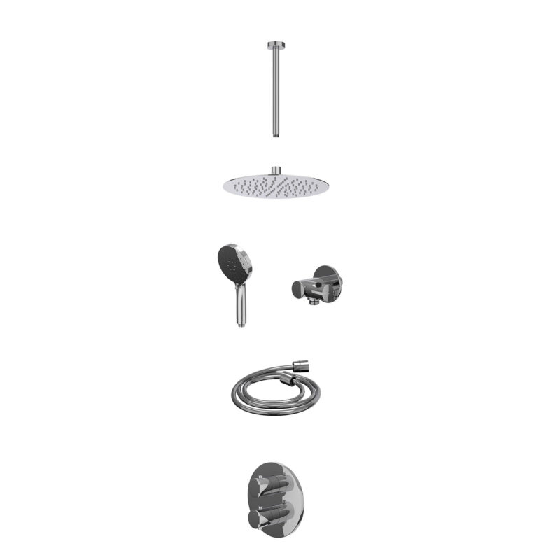 Excl. inbouwbox regendoucheset inbouwthermostaatkraan met 2-weg stop-omstel, plafondbuis 30cm, R25cmSL, verstelbare steun met geïnt. uitlaat, doucheslang 150cm en 3-standen handdouche