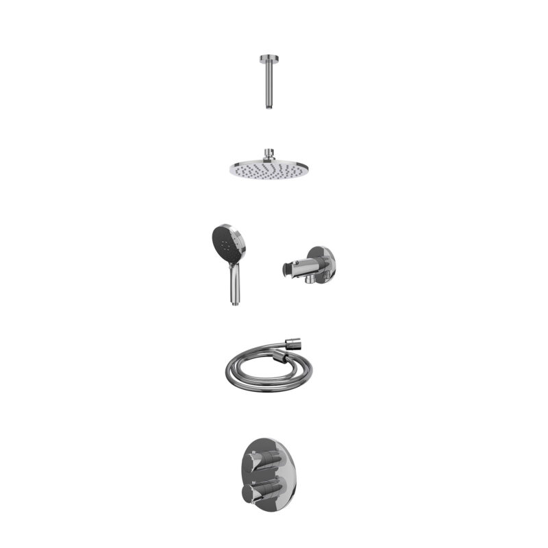 Excl. inbouwbox regendoucheset inbouwthermostaatkraan met 2-weg stop-omstel, plafondbuis 15cm, R20cmME, houder met uitlaat, doucheslang 150cm en 3-standen handdouche