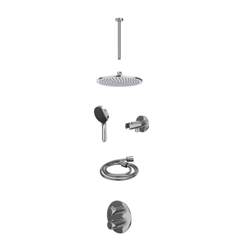Excl. inbouwbox regendoucheset inbouwthermostaatkraan met 2-weg stop-omstel, plafondbuis 30cm, R25cmME, houder met uitlaat, d