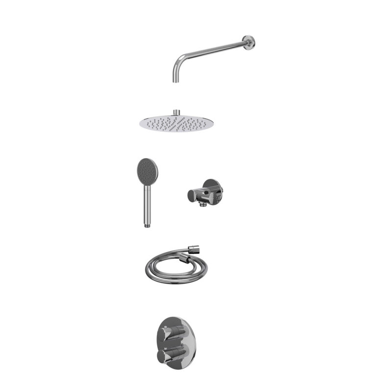 Excl. inbouwbox regendoucheset inbouwthermostaatkraan met 2-weg stop-omstel, wandarm, R25cmSL, verstelbare steun met geïnt. uitlaat, doucheslang 150cm en satin spray handdouche