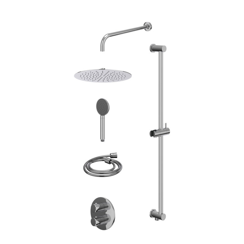 Excl. inbouwbox regendoucheset inbouwthermostaatkraan met 2-weg stop-omstel, wandarm, R30cmSL, glijstang met uitlaat, doucheslang 150cm en satin spray handdouche