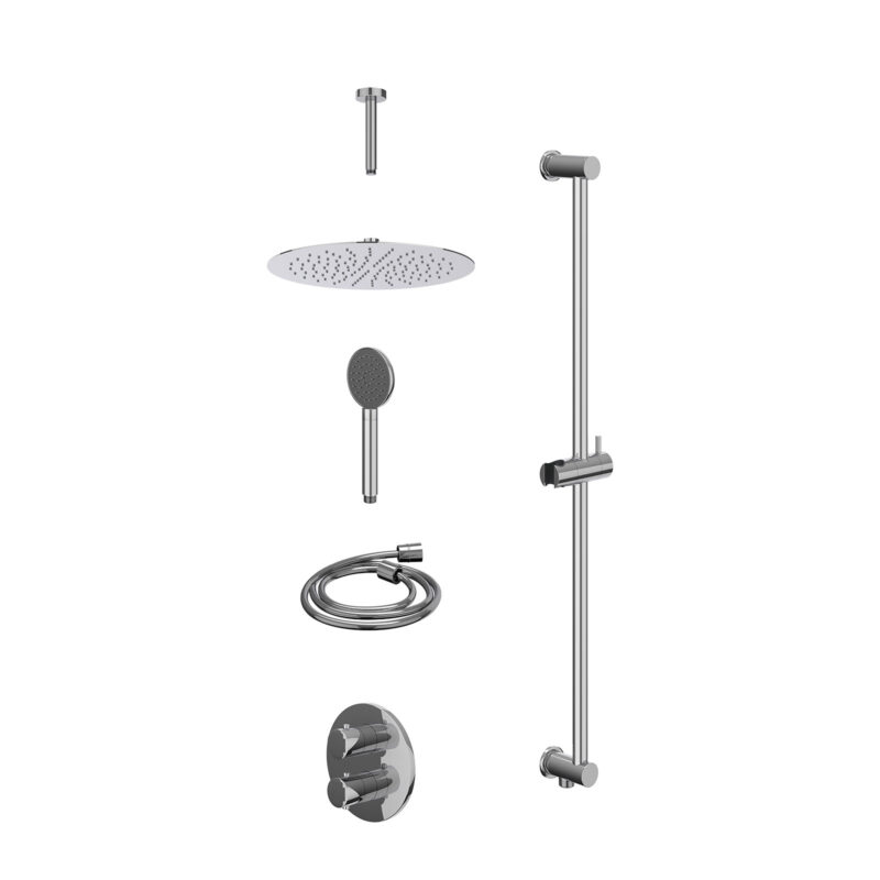 Winkelwagen 13 Excl. inbouwbox regendoucheset inbouwthermostaatkraan met 2-weg stop-omstel, plafondbuis 15cm, R30cmSL, glijstang met uitlaat, doucheslang 150cm en satin spray handdouche