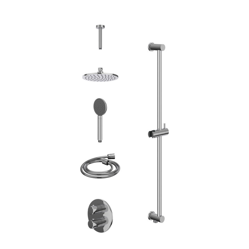 Excl. inbouwbox regendoucheset inbouwthermostaatkraan met 2-weg stop-omstel, plafondbuis 15cm, R20cmME, glijstang met uitlaat, doucheslang 150cm en satin spray handdouche