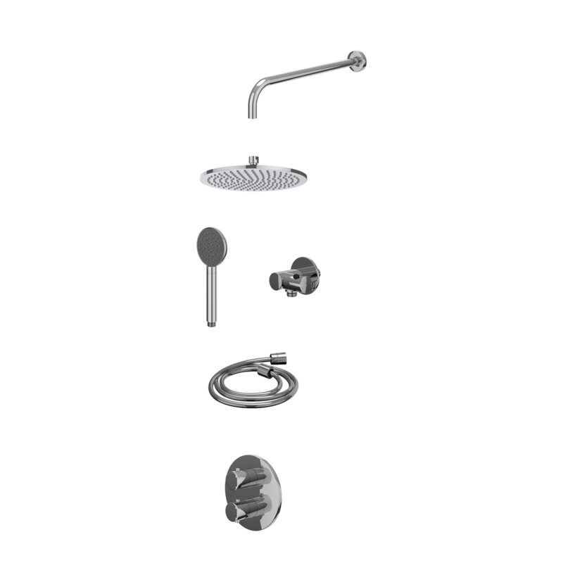 Excl. inbouwbox regendoucheset inbouwthermostaatkraan met 2-weg stop-omstel, wandarm, R25cmME, verstelbare steun met geïnt. uitlaat, doucheslang 150cm en satin spray handdouche
