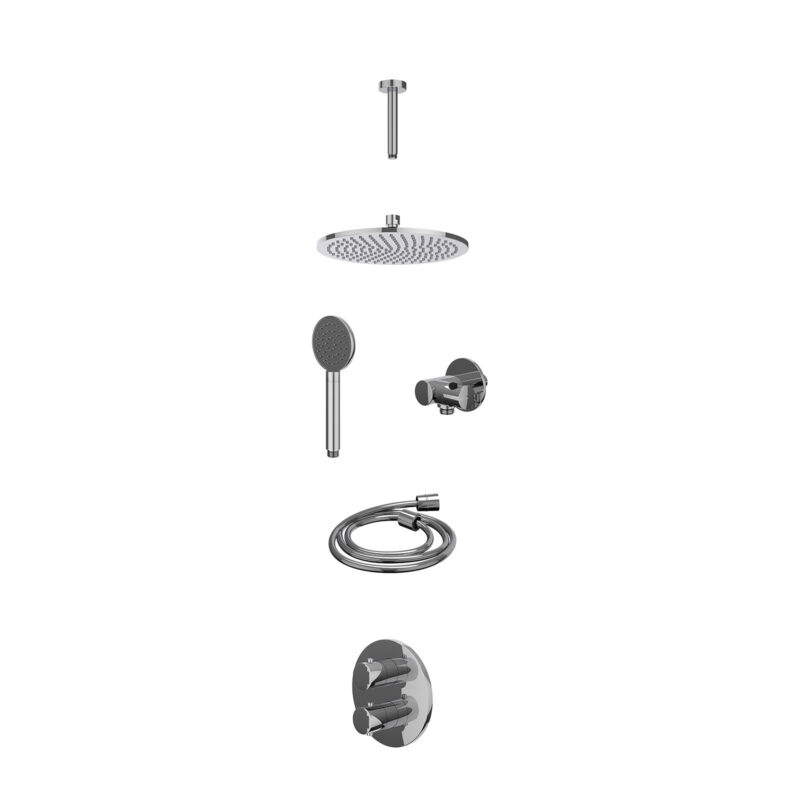 Winkelwagen 16 Excl. inbouwbox regendoucheset inbouwthermostaatkraan met 2-weg stop-omstel, plafondbuis 15cm, R25cmME, verstelbare steun met geïnt. uitlaat, doucheslang 150cm en satin spray handdouche