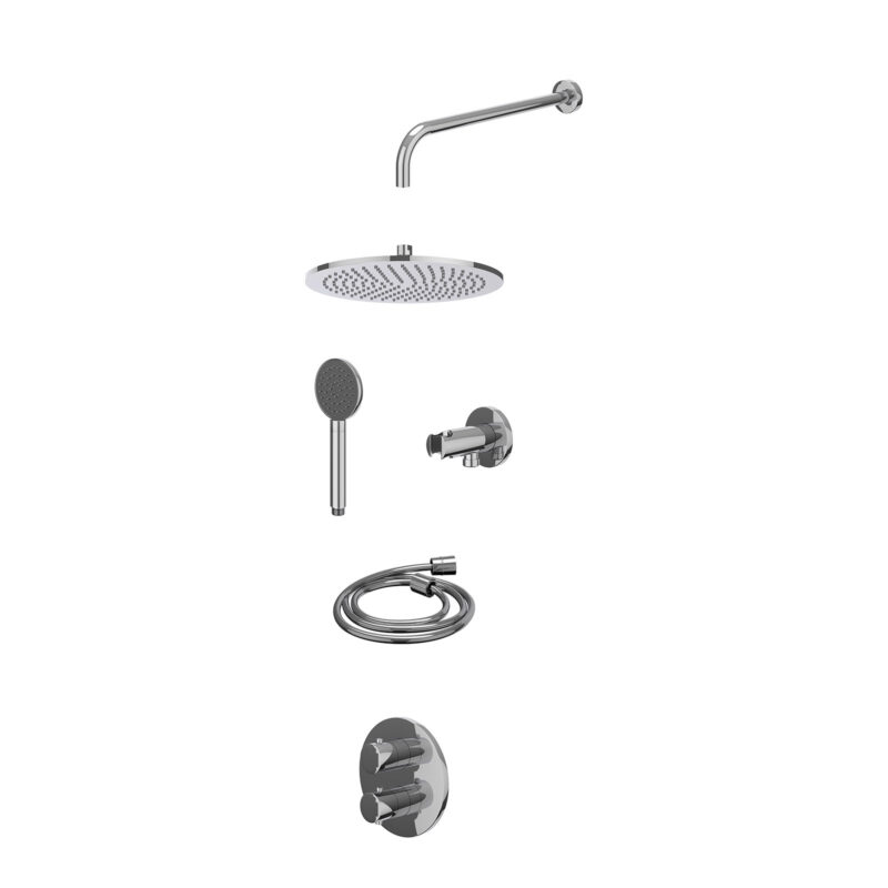Excl. inbouwbox regendoucheset inbouwthermostaatkraan met 2-weg stop-omstel, wandarm, R30cmME, houder met uitlaat, doucheslang 150cm en satin spray handdouche