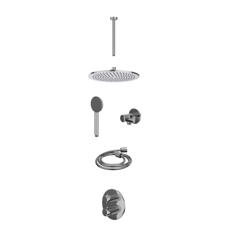 Excl. inbouwbox regendoucheset inbouwthermostaatkraan met 2-weg stop-omstel, plafondbuis 30cm, R30cmME, verstelbare steun met geïnt. uitlaat, doucheslang 150cm en satin spray handdouche