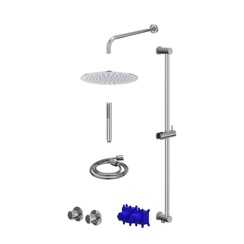 Regendoucheset inbouwthermostaatkraan met 2-weg stop-omstel symmetry, 40cm wandarm, R30cmSL, glijstang met uitlaat, doucheslang 150cm en staafmodel