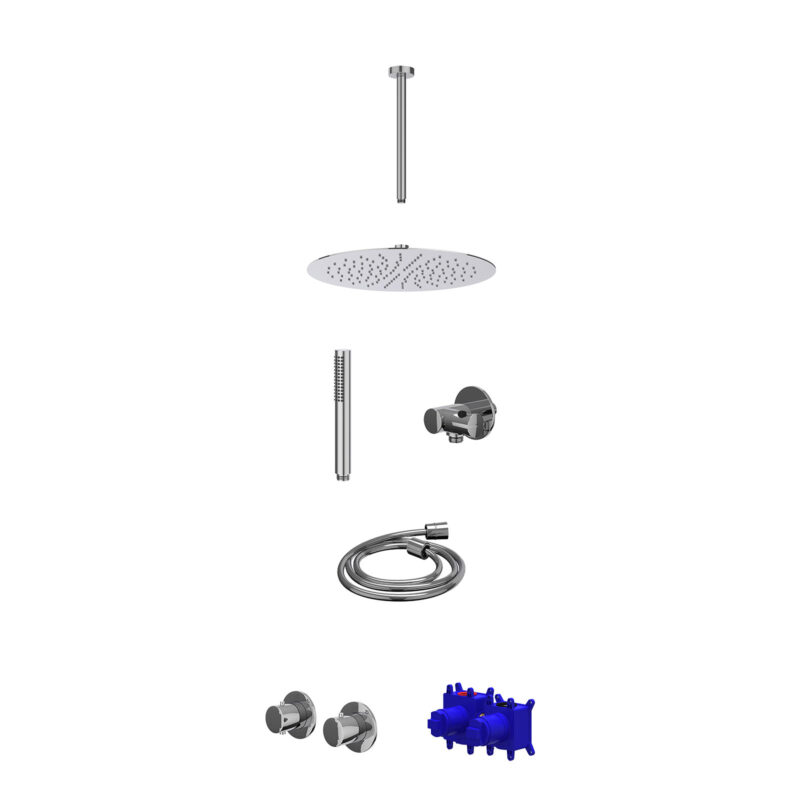 Regendoucheset inbouwthermostaatkraan met 2-weg stop-omstel symmetry, 30cm plafondbuis, R30cmSL, verstelbare steun met geïnt. uitlaat, doucheslang 150cm en staafmodel