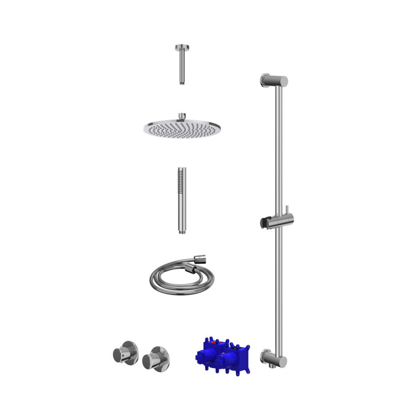Winkelwagen 15 Regendoucheset inbouwthermostaatkraan met 2-weg stop-omstel symmetry, 15cm plafondbuis, R25cmME, glijstang met uitlaat, doucheslang 150cm en staafmodel