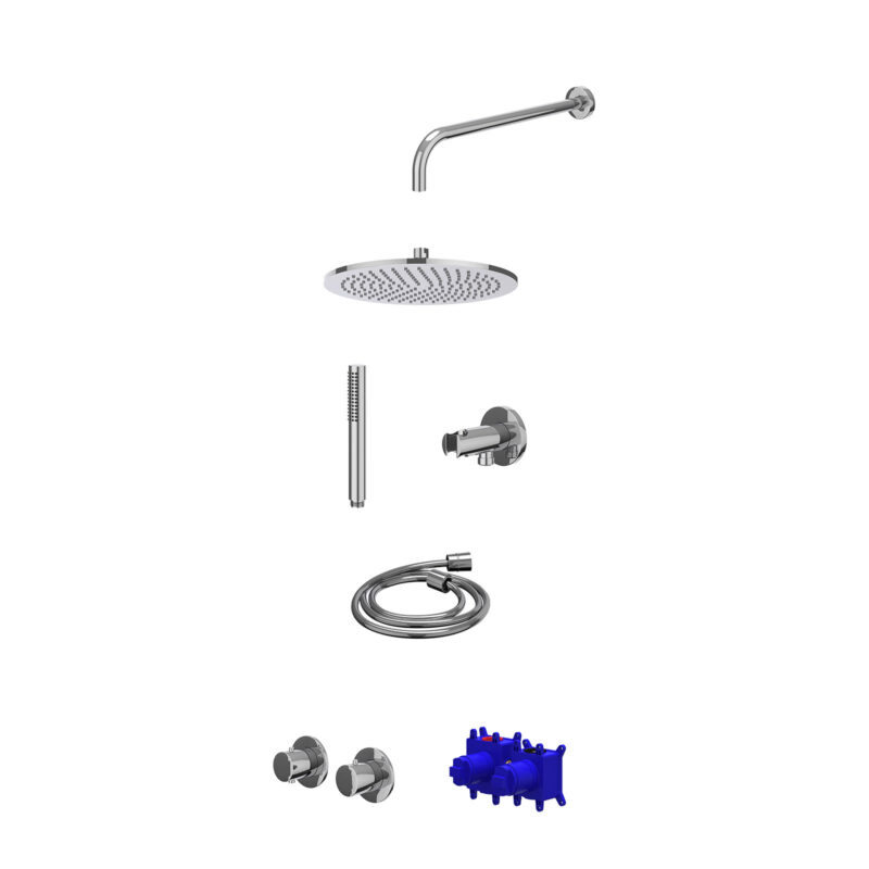 Winkelwagen 9 Regendoucheset inbouwthermostaatkraan met 2-weg stop-omstel symmetry, 40cm wandarm, R30cmME, houder met uitlaat, doucheslang 150cm en staafmodel