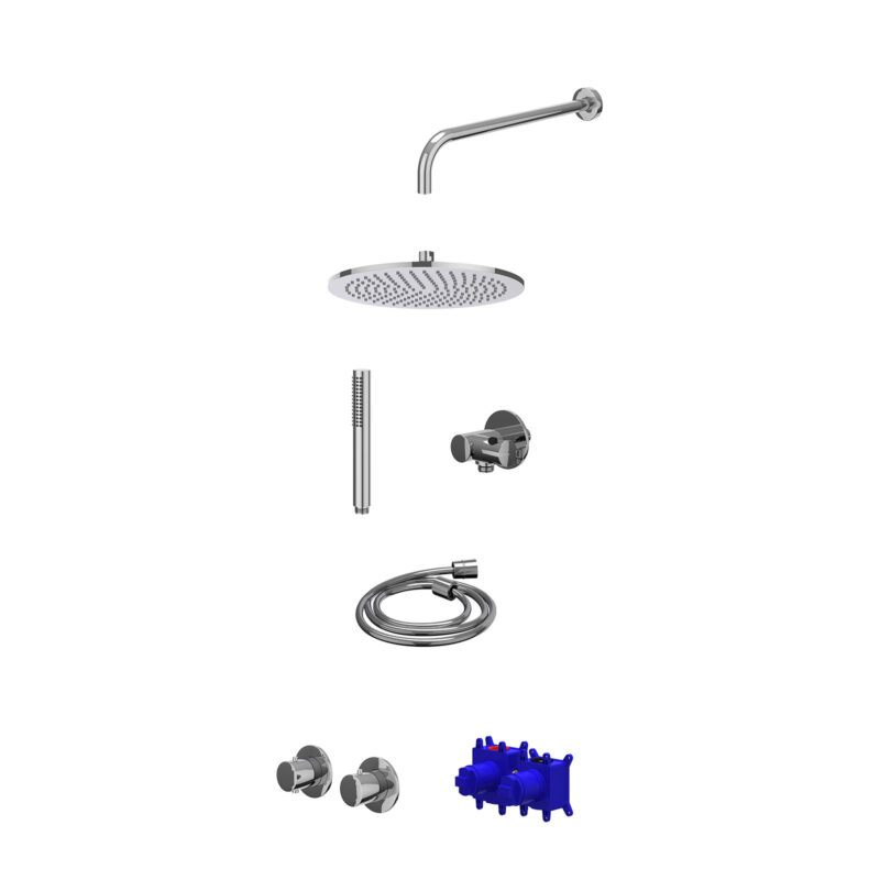 Winkelwagen 15 Regendoucheset inbouwthermostaatkraan met 2-weg stop-omstel symmetry, 40cm wandarm, R30cmME, verstelbare steun met geïnt. uitlaat, doucheslang 150cm en staafmodel