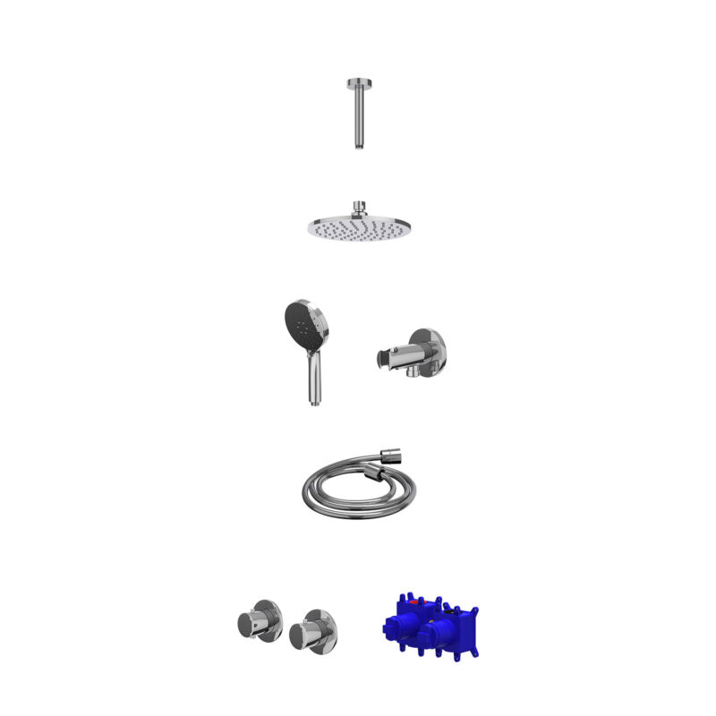 Winkelwagen 29 Regendoucheset inbouwthermostaatkraan met 2-weg stop-omstel symmetry, 15cm plafondbuis, R20cmME, houder met uitlaat, doucheslang 150cm en 3-standen handdouche