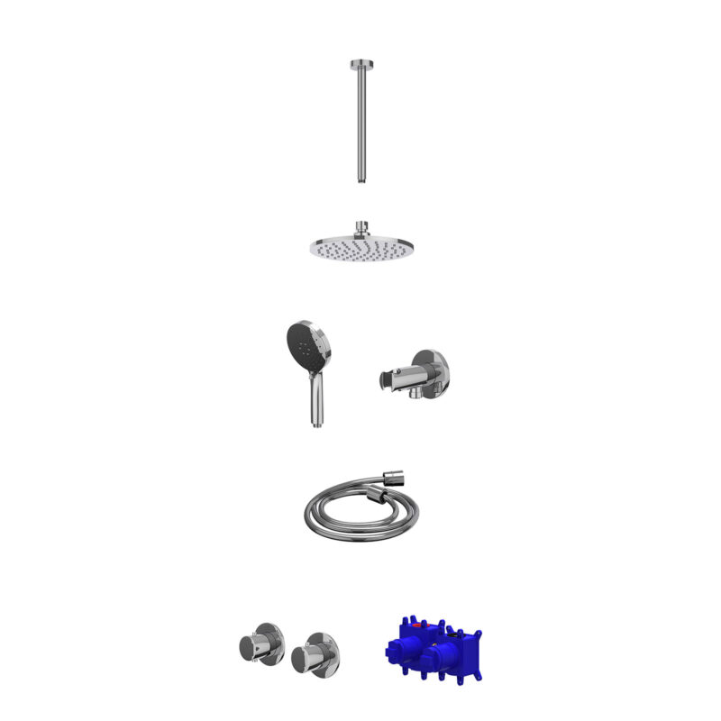 Regendoucheset inbouwthermostaatkraan met 2-weg stop-omstel symmetry, 30cm plafondbuis, R20cmME, houder met uitlaat, doucheslang 150cm en 3-standen handdouche