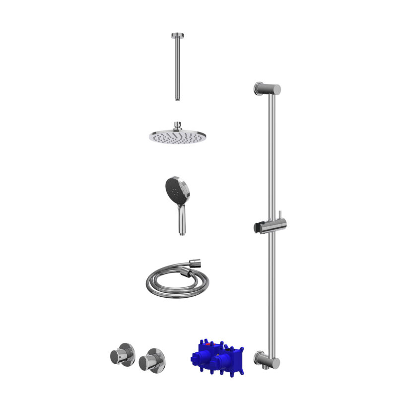Regendoucheset inbouwthermostaatkraan met 2-weg stop-omstel symmetry, 30cm plafondbuis, R20cmME, glijstang met uitlaat, doucheslang 150cm en 3-standen handdouche