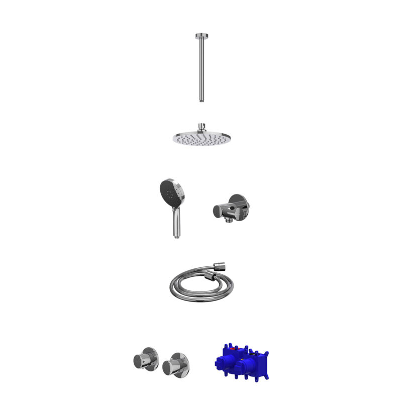 Regendoucheset inbouwthermostaatkraan met 2-weg stop-omstel symmetry, 30cm plafondbuis, R20cmME, verstelbare steun met geïnt. uitlaat, doucheslang 150cm en 3-standen handdouche