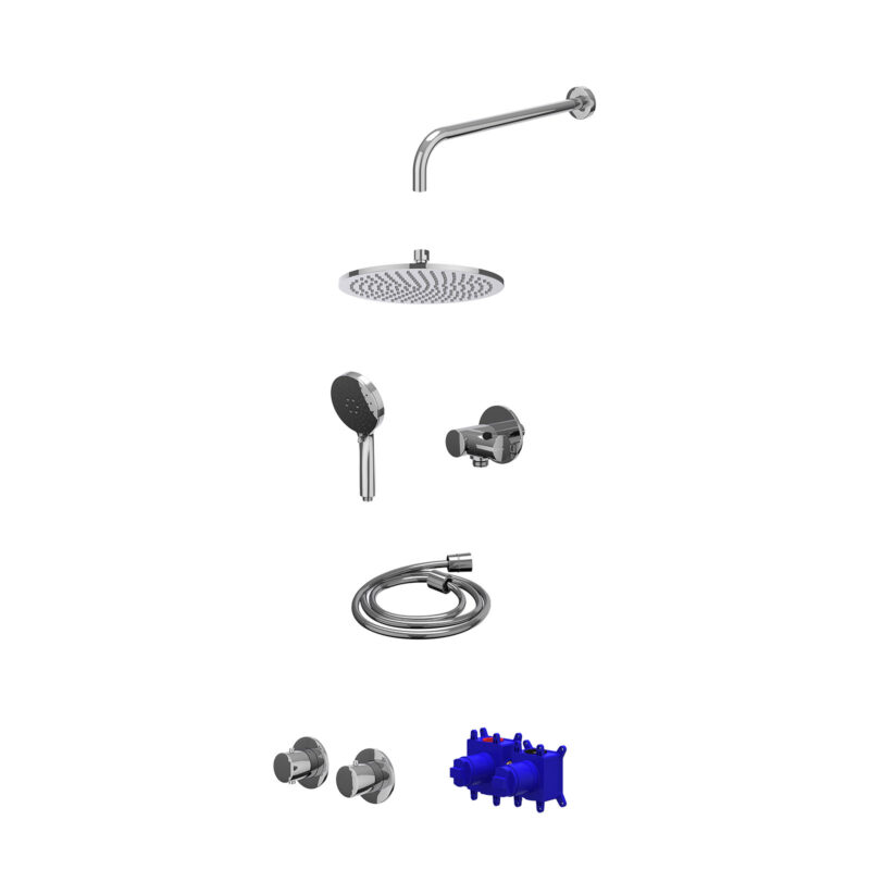 Regendoucheset inbouwthermostaatkraan met 2-weg stop-omstel symmetry, 40cm wandarm, R25cmME, verstelbare steun met geïnt. uitlaat, doucheslang 150cm en 3-standen handdouche