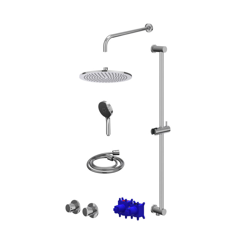 Winkelwagen 12 Regendoucheset inbouwthermostaatkraan met 2-weg stop-omstel symmetry, 40cm wandarm, R30cmME, glijstang met uitlaat, doucheslang 150cm en 3-standen handdouche