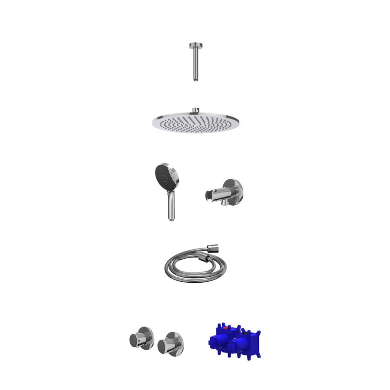 Winkelwagen 18 Regendoucheset inbouwthermostaatkraan met 2-weg stop-omstel symmetry, 15cm plafondbuis, R30cmME, houder met uitlaat, doucheslang 150cm en 3-standen handdouche