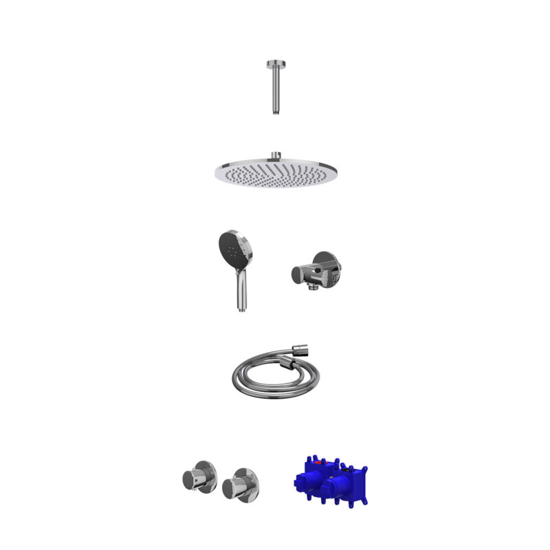 Regendoucheset inbouwthermostaatkraan met 2-weg stop-omstel symmetry, 15cm plafondbuis, R30cmME, verstelbare steun met geïnt. uitlaat, doucheslang 150cm en 3-standen handdouche
