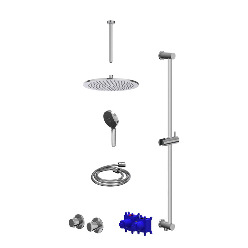 Winkelwagen 31 Regendoucheset inbouwthermostaatkraan met 2-weg stop-omstel symmetry, 30cm plafondbuis, R30cmME, glijstang met uitlaat, doucheslang 150cm en 3-standen handdouche